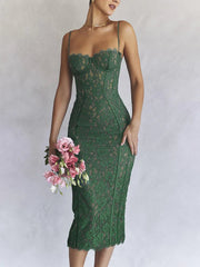 Spaghetti Strap Lace Sexy Midi Dress For Women Gown Green Sleeveless Backless Club Party Printed Long Dress Vestidos