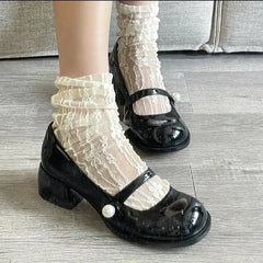 Ingvn Shoes for Woman Square Heels Women's Summer Footwear with Medium Mary Jane Black Japanese Style Lolita Gothic Pearl Korean