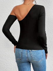 One Shoulder Long Sleeve T-Shirt - Timeless Solid Color, Chic Relaxed Fit, Perfect for Spring & Fall, Womens Casual Wear