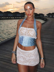 Ingvn New Fashion Lace Patchwork Dresses Sets Women Summer Halter Neck Backless Corset Top+Mini Skirts Sexy 2 Pieces Matching Set