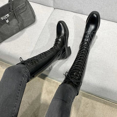 Ingvn Footwear Long Ladies Boots Elegant Heeled High Heels Shoes for Women Lace-up Winter Knee Shaft with Laces White Spring Autumn Pu