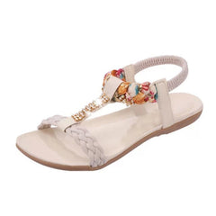 Women Sandals Summer Flat Heel Bohemian Sandals Rhinestone Mixed Color Ladies Elastic Band Open Toes Beach Shoes