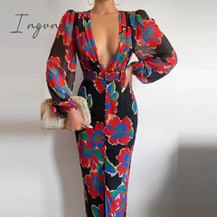 Ingvn - Women Sexy Button V-Neck Slit Party Dress Lady Elegant Print Slim Maxi Dress Spring Summer Casual Long Sleeve High Waist Vestido