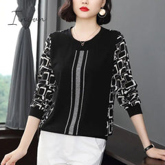 Ingvn - Print Patchwork O-neck Long Sleeved Skinny T-shirt Top Fashion Casual Elegant Popularity Wild Spring Autumn New Women's Clothing