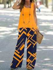 Chic Womens Two-piece Set - Sleeveless Vest Tops with Geo Print Wide Leg Pants - Casual Spring & Fall Outfit for Effortless Style