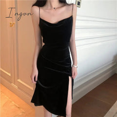 Ingvn - Brand New Women Dress Spaghetti Strap Slit Velvet Black Dress Sexy Bodycon bandage Dress Midi Party Dress Vestidos Verano