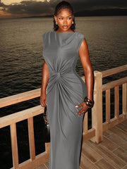 Sleeveless Ruched Sexy Maxi Dress For Women Gown Fashion Solid O Neck High Waist Bodycon Club Long Dress Vestido
