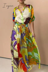 Ingvn - Casual Geometric Printing Turndown Collar Short Sleeve Two Pieces