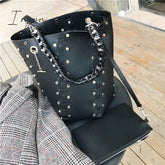 Ingvn - Designer Rivets Large Bucket Bags Women Purses and Handbags Female High Quality Shoulder Messenger Bags Black Hollow Out