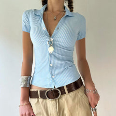 Casual Striped Print Blouse Women Button Up Short Sleeve Basic Knitted Crop Tops y2k Aesthetic Basic T-shirts Streetwear