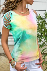 Ingvn - Loose Hollow-out Tie-dye Multicolor T-shirt