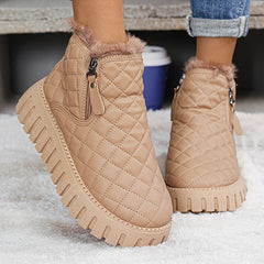 1pr Winter Warm Fleece-Lined Ankle Boots for Women - Casual Solid Color Round Toe Zippered Comfort Boots with Low Platform Heel, Non-Slip Rubber Sole, Fabric Insole - PU Upper, Fabric Lining - Thick Warm Snow Boots