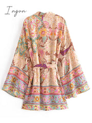 Ingvn - Vintage Peacock Floral Print Sashes Bohemian Kimono Women V Neck Batwing Sleeves Short Robe Boho Bikini Cover-ups
