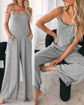 Ingvn - Jumpsuit For Women 2023 Fashion Grey Pocket Design Spaghetti Strap Casual Home Daily Chic Loose Wide Leg Cami Jumpsuit