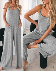 Ingvn - Jumpsuit For Women 2023 Fashion Grey Pocket Design Spaghetti Strap Casual Home Daily Chic Loose Wide Leg Cami Jumpsuit