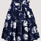 Floral Print High Waist Skirt, Elegant Belted Flared Midi Skirt, Women's Clothing