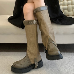Ingvn Vintage Winter Belt Buckle Women Knee High Boots Fashion Slip On Long Booties Designer Thick Heels Botas De Mujer