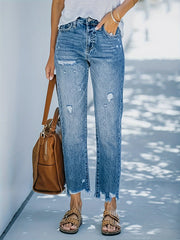 Womens Comfortable Solid Color Straight-Leg Non-Stretch Denim Jeans - Ripped, Cropped, Casual Style with Slant Pockets, Perfect for Spring, Summer, and Fall - Hand Wash or Professional Dry Clean Only