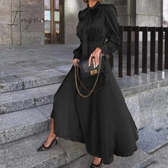 Ingvn - Elegant Vintage Dresses Classy Outfits Women Fashion Spring Autumn Long Sleeve Satin Yellow Dress Chic Maxi Dress