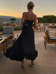 Ingvn Elegant Party Evening Maxi Dresses for Women Spaghetti Strap Backless Sexy Long Summer Dress Ruffles Aline Dress