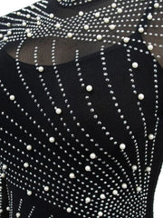 Ingvn - Women's Sexy See Through Rhinestone Bead Mesh Dress Luxury High Neck Long Sleeve Tassels Maxi Party Night Dresses 2 Piece Set