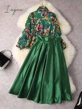 Ingvn - Designer Fashion Lantern Sleeve Print Chiffon Blouse and High Waist Skirt Set Womens Green Outfit 2Piece Dress Suits Spring