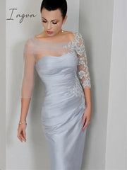 Ingvn - New Silver Grey Mother of the Bride Dress 3/4 Long Sleeve Lace Tulle Satin Pleated Wedding Party Gown Evening Formal dress