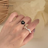 Kpop Vintage Trend Black Heart Open Adjustable Rings Pearl Beaded Ring for Women Aesthetic Jewelry Wedding Gifts Accessories