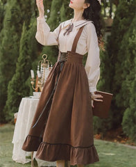 Ingvn - Spring Summer Women Long Midi Suspender Skirt Teen Girls Preppy Style Cute Lace-Up High Waist Ruffle A-Line Skirts