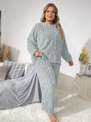 Plus Size Casual Pajamas Set, Women's Plus Solid Textured Long Sleeve Round Neck Warm Flannelette & Joggers Loungewear Two Piece Set
