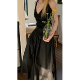 V-neck Slim Halter Dress Women Pleated Design Long Skirt Solid Vintage Y2k Dresses Korean Fashion Vestidos Para Mujer