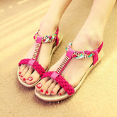 Women Sandals Summer Flat Heel Bohemian Sandals Rhinestone Mixed Color Ladies Elastic Band Open Toes Beach Shoes