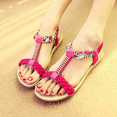 Women Sandals Summer Flat Heel Bohemian Sandals Rhinestone Mixed Color Ladies Elastic Band Open Toes Beach Shoes