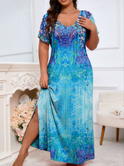 Plus Size Elegant Night Dress - Soft Slight Stretch Polyester V Neck Short Sleeve Split Design with Random Butterfly & Floral Print - Comfortable All-Season Knit Fabric Home Wear