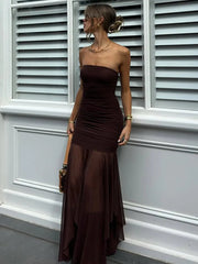 Off-shoulder Strapless Sexy Maxi Dress For Women Borwn Sleeveless Backless High Waist Bodycon Club Long Dress Elegant