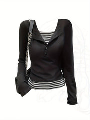 2 In 1 Long Sleeve Striped Print T-shirt, Casual Button Front Top For Women, Spring & Fall