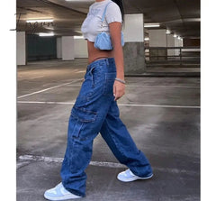 Ingvn - Y2k Cargo Pants Women's Jeans New Fashion Baggy Jeans Denim Overalls 90s Low Rise Pocket Straight Leg Trousers Streetwear