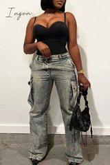 Ingvn - Casual Street Solid Make Old Patchwork Pocket Buttons Zipper Mid Waist Straight Denim Jeans