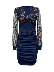 Floral Pattern Bodycon Dress - Stunning Contrast Mesh, Elegant Long Sleeves, Surplice Neck, Ruched Detailing - Perfect for Womens Formal Occasions and Everyday Wear