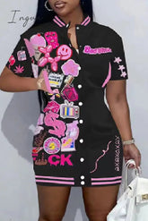 Ingvn - Black Casual Print Patchwork O Neck Short Sleeve Dress Plus Size Dresses