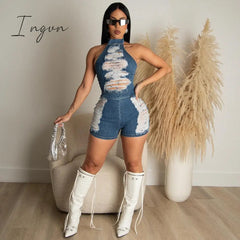 Ingvn - 2023 New Denim Jumpsuit Women Sexy Halter Hollow Out Tassel Distressed Skinny Shorts Romper Casual Streetwear Y2K One Pieces