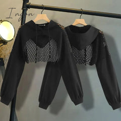 Ingvn - Black Hoodies for Women Hollow Out Crop Tops Mesh Patchwork Short Sweatshirt Long Sleeve Autumn Tops and Pullovers
