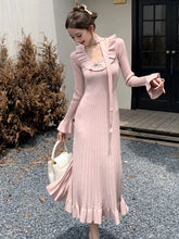 Vintage Solid Knitted Dresses for Women Elegant Bodycon Chic Flare Sleeves Ruffles Casual Female One Piece Office Vestidos Robe