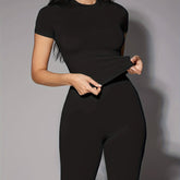 Two-Piece Chic Pantsuit Set - Crew Neck Short Sleeve Top & Cropped Leggings Outfit for Women - Comfortable, Versatile, and Stylish Casual Wear for Everyday