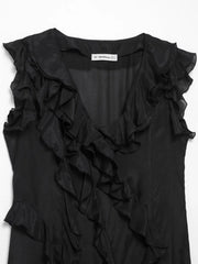 Summer Ruffles Midi Dress Women Elegant Sleeveless V-neck Solid Party Dresses Female 2025 Fashion Loose A-line Robes Vestidos