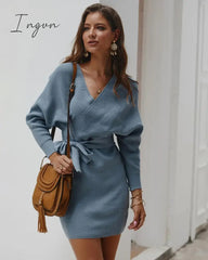 Ingvn - Sexy Bodycon Wrap Sweater Dress Women Autumn Long Sleeve Sashes Tied Mini Casual Cotton Knitted Elegant Winter Dress Cloth