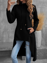Solid Color Hig-low Hoodie, Casual Long Sleeve Drawstring Hoodie Sweatshirt, Women's Clothing