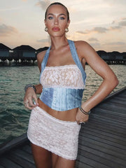 Ingvn New Fashion Lace Patchwork Dresses Sets Women Summer Halter Neck Backless Corset Top+Mini Skirts Sexy 2 Pieces Matching Set