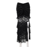 Gothic Folding Fishtail Multi-layer Splicing Split Skirt Woman Velvet High Waist Lace Patchwork Punk Mermaid Skirts