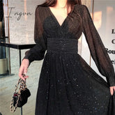 Ingvn - Women Dress Autumn V-Neck Long Sleeve Shiny Midi Dress A-Line Evening Night Party Elegant Dress Red Black Pink vestidos